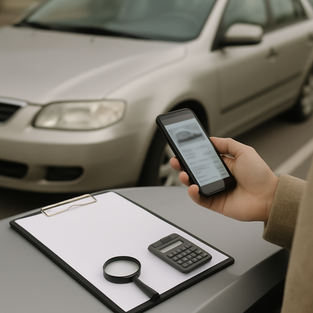 Eine Person vergleicht ein Inserat neben einem Auto auf einem Parkplatz; daneben liegen Taschenrechner und Notizbuch.