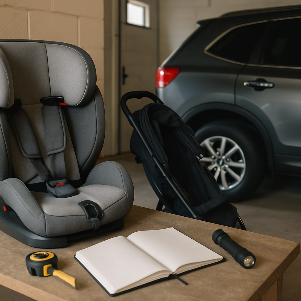 Familiengarage mit Kindersitz, Kinderwagen und Maßband neben einem teilweise sichtbaren SUV