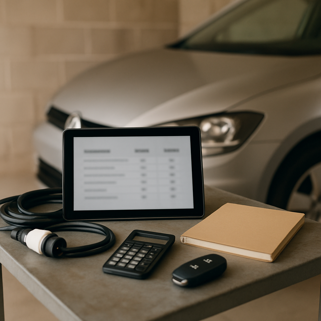 Vergleich von Kosten und Antriebsarten an einem Schreibtisch in einer Garage mit Ladekabel und Notizbuch.
