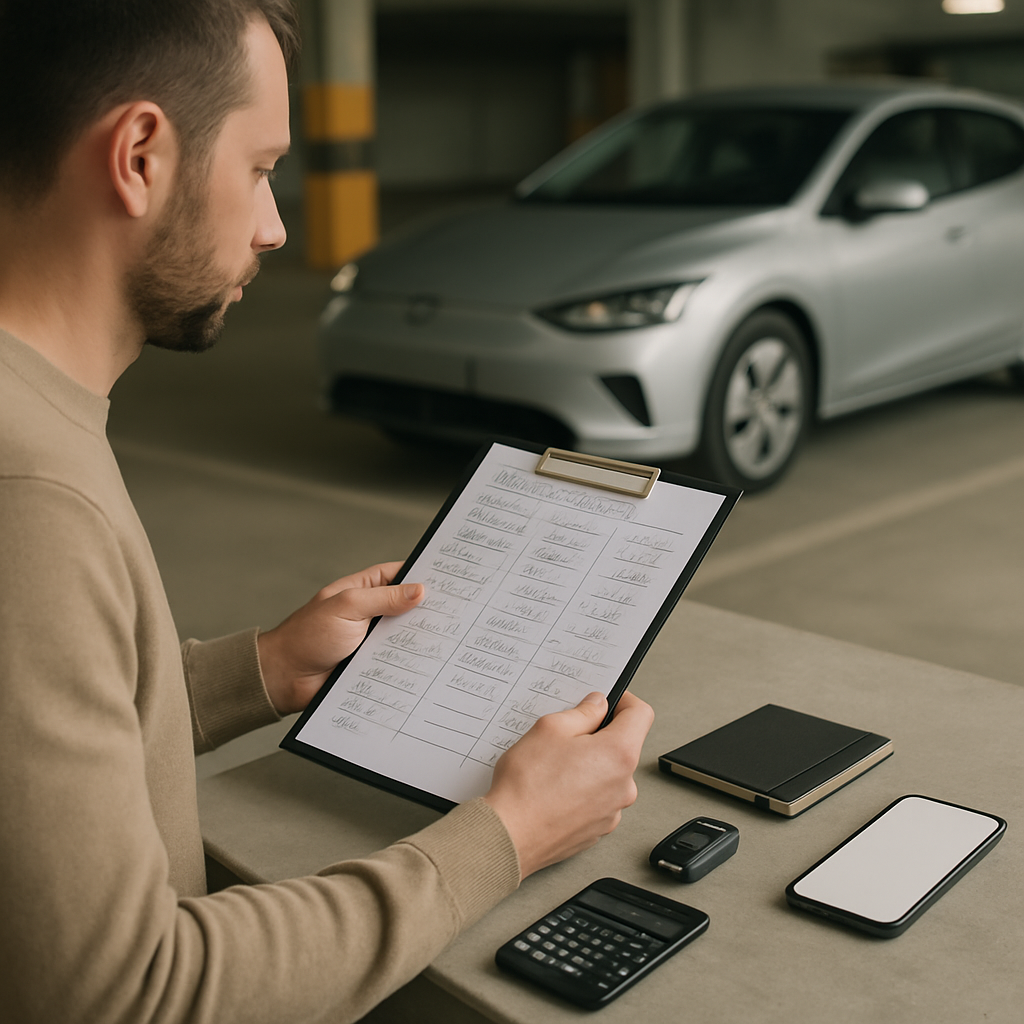 Eine Person vergleicht mit Notizbuch und Taschenrechner die Kosten eines Autokaufs; im Hintergrund ist ein dezent unscharfes Elektroauto zu sehen.