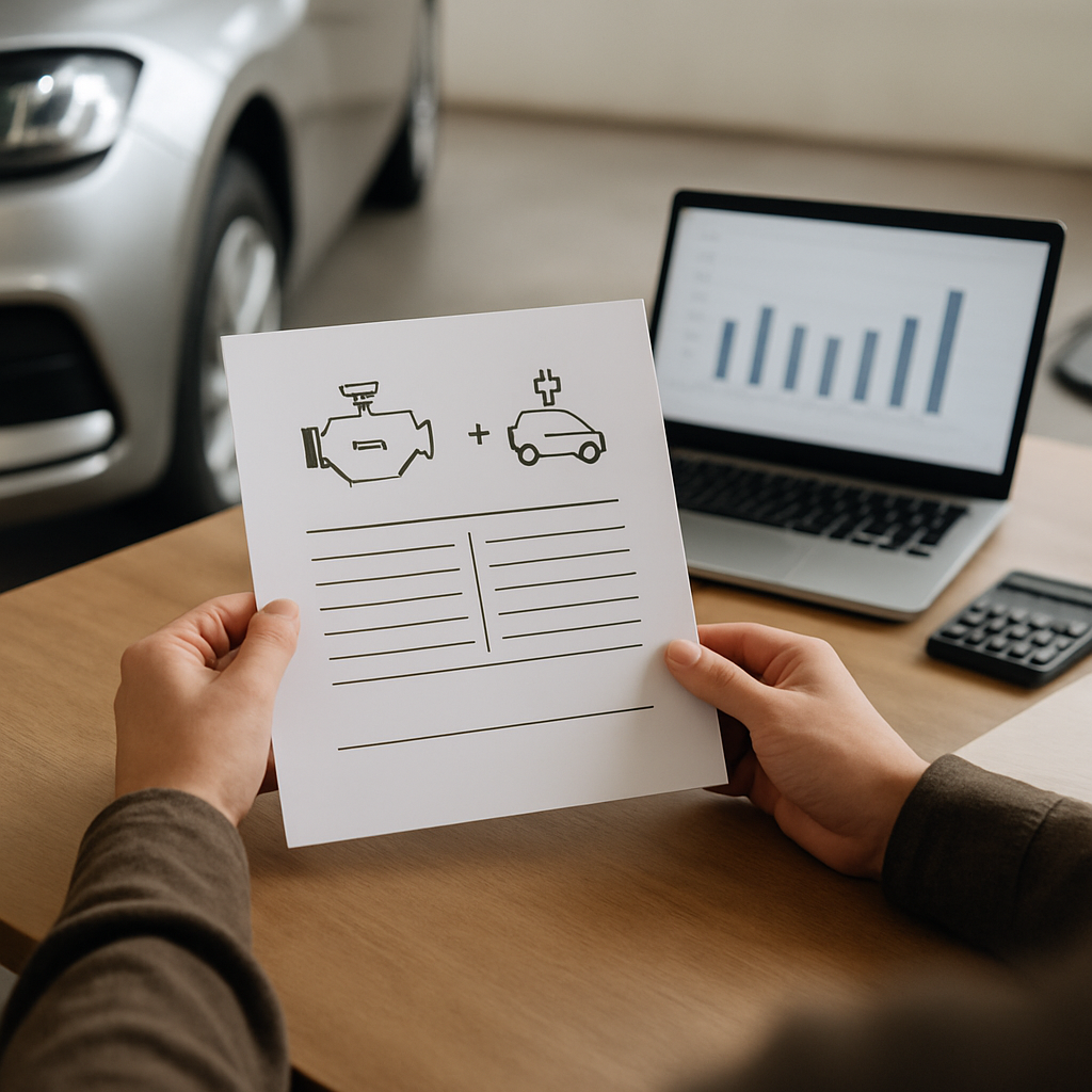 A person comparing hybrid and electric car costs at a table with a calculator and notebook, with part of an unbranded car visible in the background.