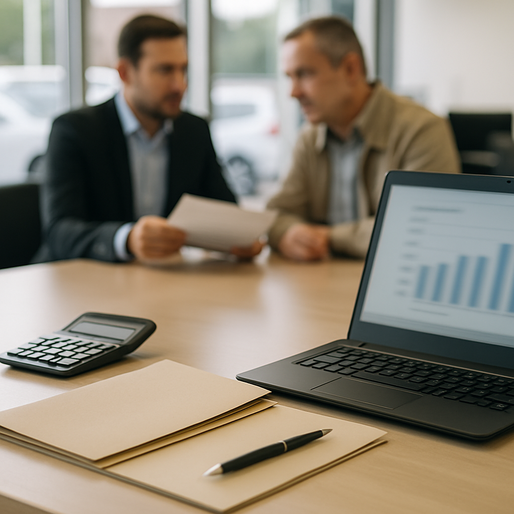 Ein Büroschreibtisch mit Taschenrechner, Laptop und Unterlagen während einer Besprechung zur Autofinanzierung.