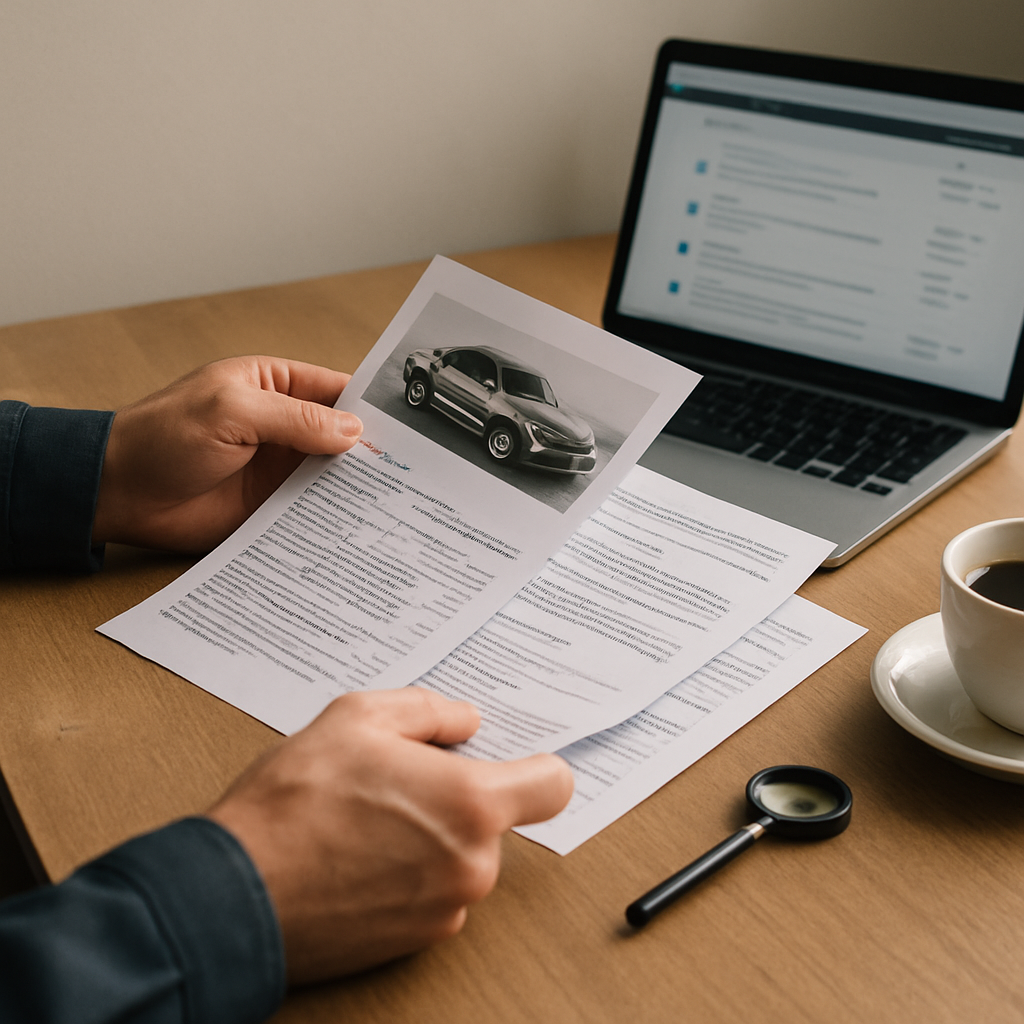 Ein Berater analysiert Bewertungen eines Autos aus China an einem Schreibtisch mit Laptop und Notizen