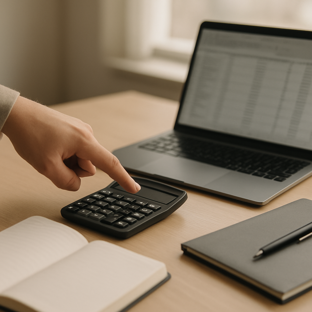 A desk with a calculator, laptop and notebook while comparing car finance costs